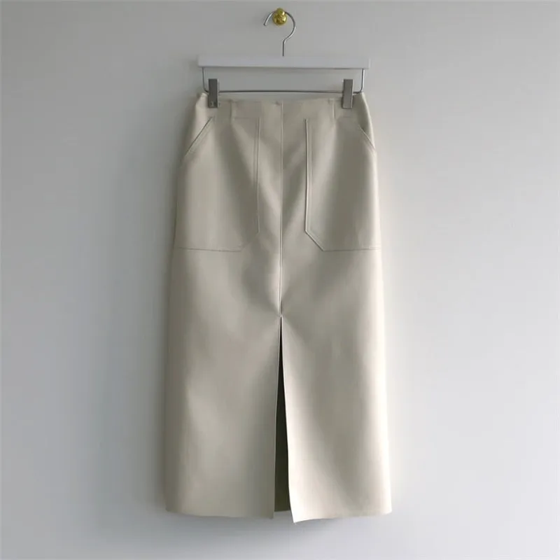 Wjczt New 2021 Autumn Women PU Leather Skirts High Waist Pockets Package Hip Skirt Female Front Split Zipper Midi Pencil Skirts