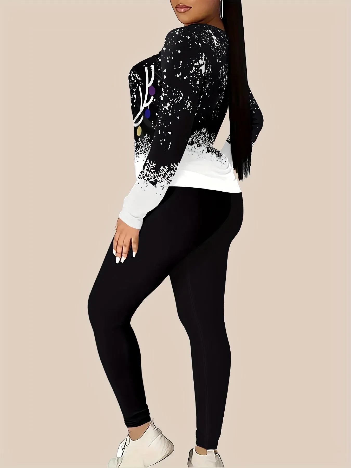 Women's Festive Christmas Casual Outfit - Cozy Long Sleeve Crew Neck Top & Stretchy Leggings Set, Machine Washable, for Christmas, Autumn, Spring