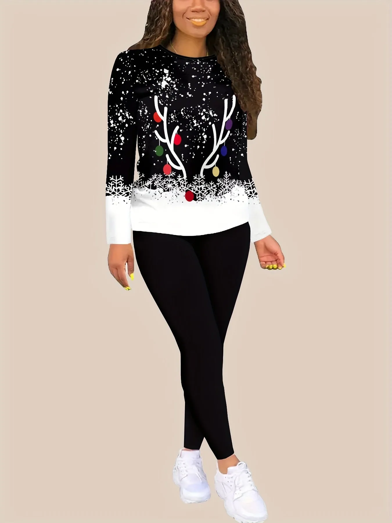 Women's Festive Christmas Casual Outfit - Cozy Long Sleeve Crew Neck Top & Stretchy Leggings Set, Machine Washable, for Christmas, Autumn, Spring