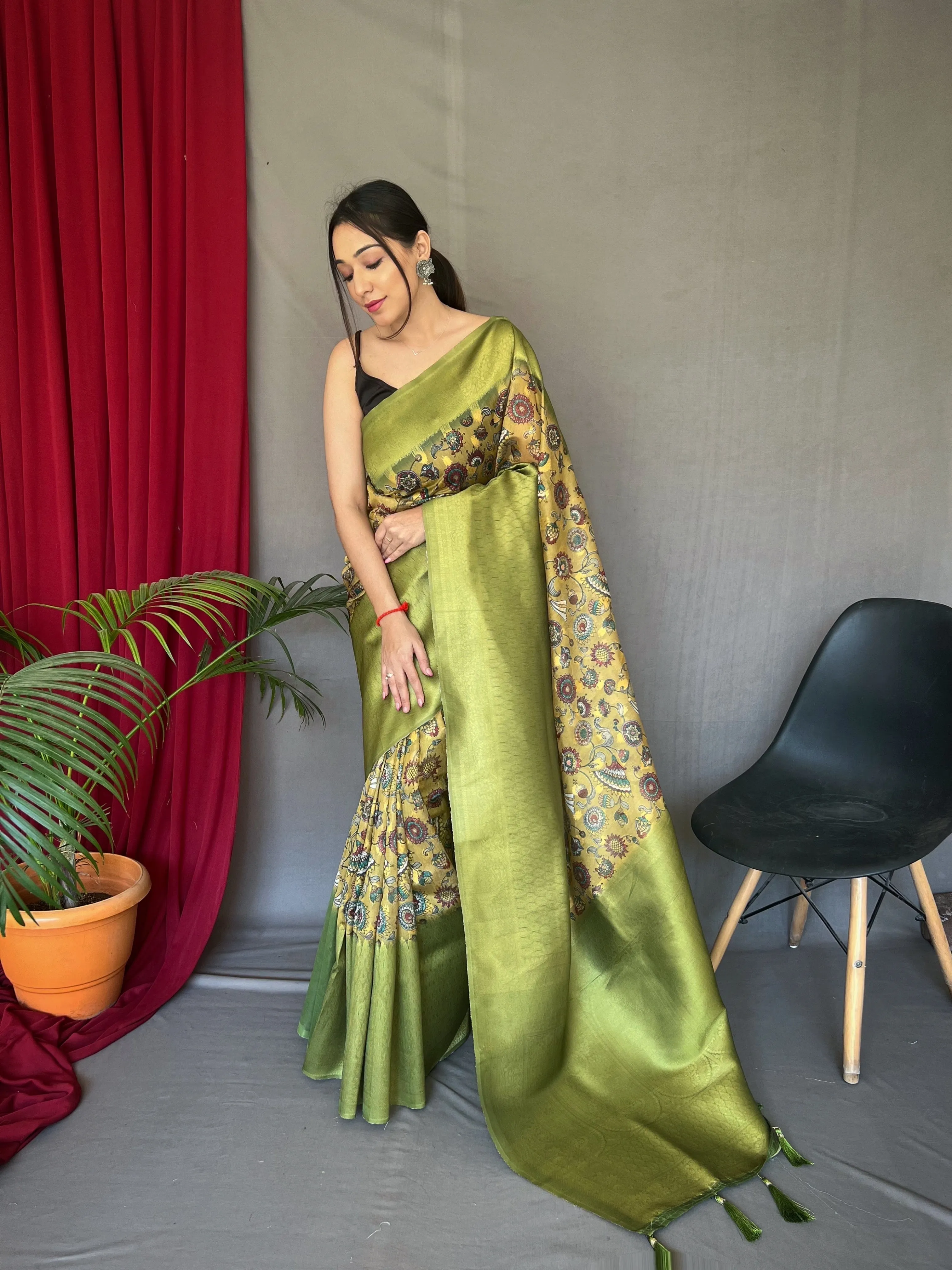 Yellow Green Saree in Kora Muslin Kalamkari Silk