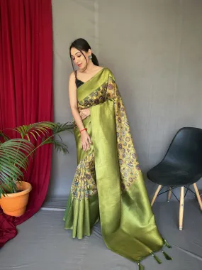 Yellow Green Saree in Kora Muslin Kalamkari Silk