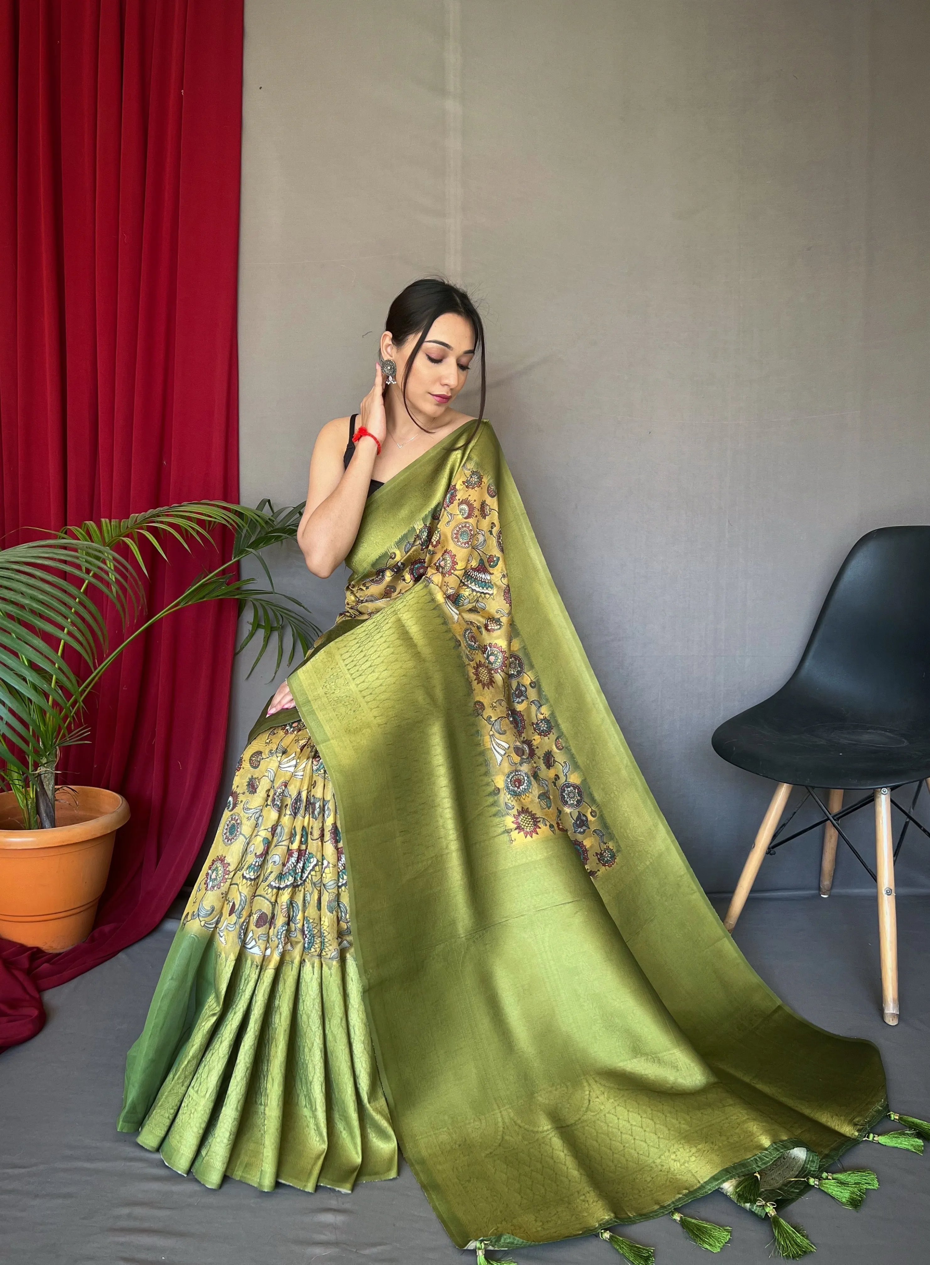 Yellow Green Saree in Kora Muslin Kalamkari Silk