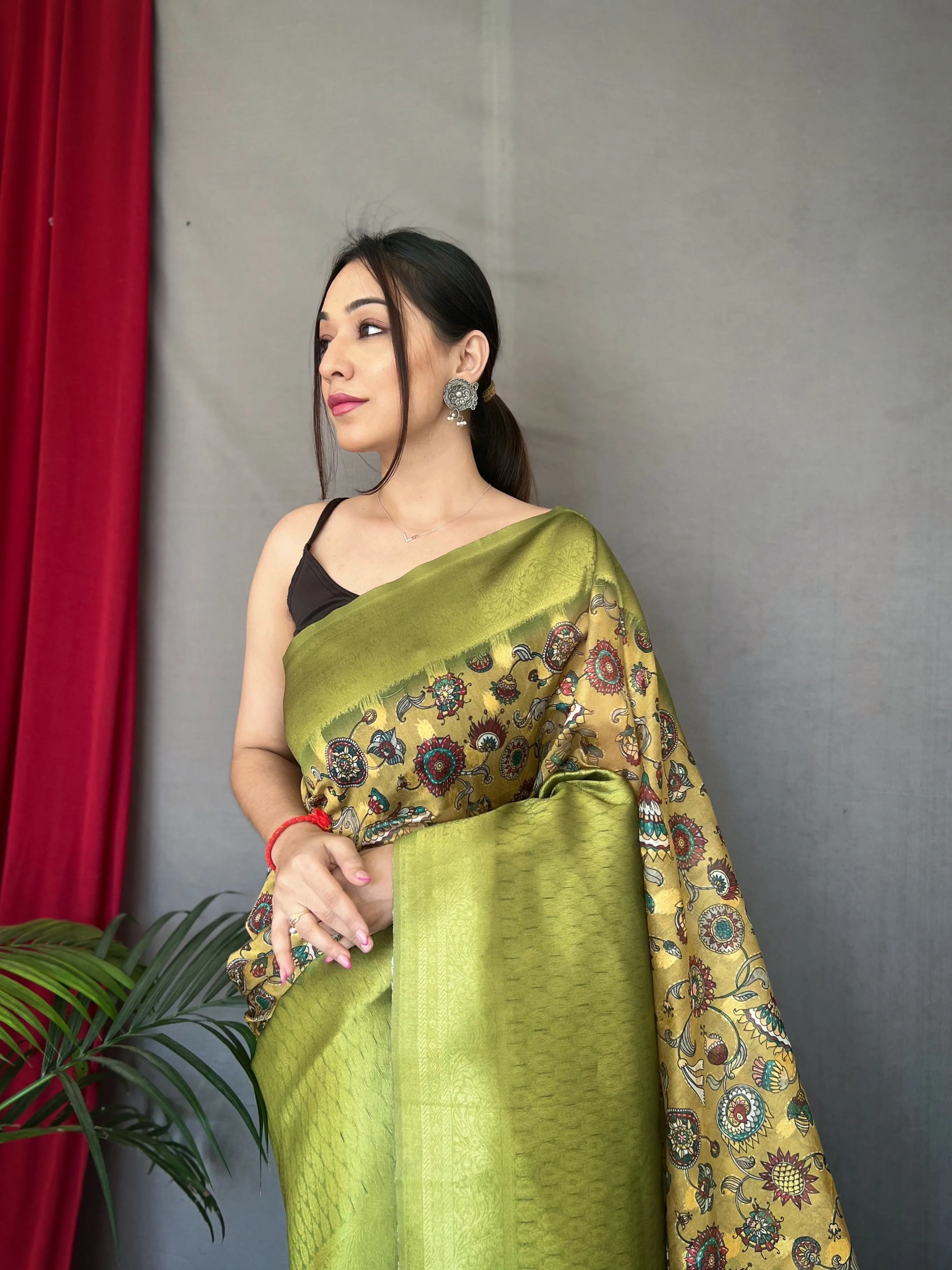Yellow Green Saree in Kora Muslin Kalamkari Silk